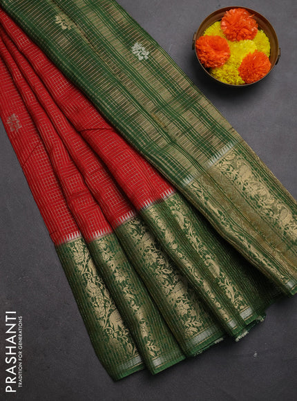 Semi mysore silk saree red and green with allover zari checks & buttas and long zari woven border