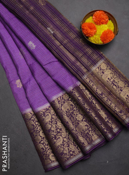 Semi mysore silk saree lavender and purple with allover zari checks & buttas and long zari woven border