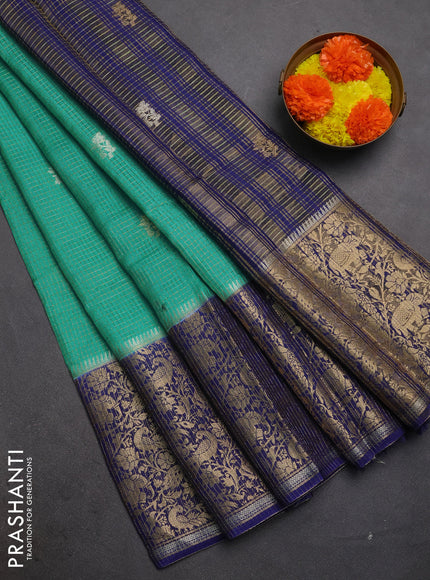Semi mysore silk saree teal green and blue with allover zari checks & buttas and long zari woven border
