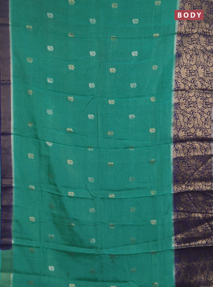 Semi mysore silk saree teal green and blue with allover zari checks & buttas and long zari woven border
