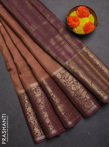 Semi mysore silk saree brown and wine shade with allover zari checks & buttas and long zari woven border