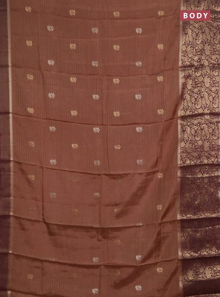Semi mysore silk saree brown and wine shade with allover zari checks & buttas and long zari woven border