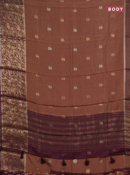 Semi mysore silk saree brown and wine shade with allover zari checks & buttas and long zari woven border