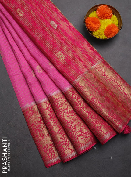 Semi mysore silk saree light pink and pink with allover zari checks & buttas and long zari woven border
