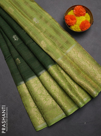 Semi mysore silk saree bottle green and lime green with allover zari checks & buttas and long zari woven border