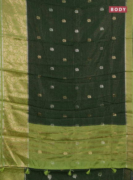 Semi mysore silk saree bottle green and lime green with allover zari checks & buttas and long zari woven border