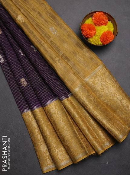 Semi mysore silk saree violet and mustard yellow with allover zari checks & buttas and long zari woven border