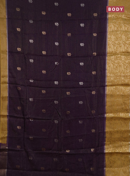 Semi mysore silk saree violet and mustard yellow with allover zari checks & buttas and long zari woven border