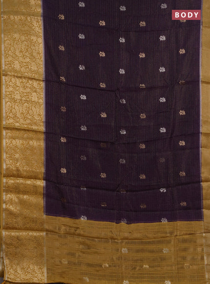 Semi mysore silk saree violet and mustard yellow with allover zari checks & buttas and long zari woven border