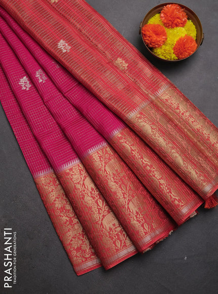 Semi mysore silk saree pink and orange with allover zari checks & buttas and long zari woven border