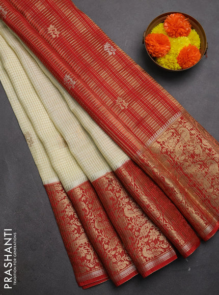 Semi mysore silk saree cream and red with allover zari checks & buttas and long zari woven border