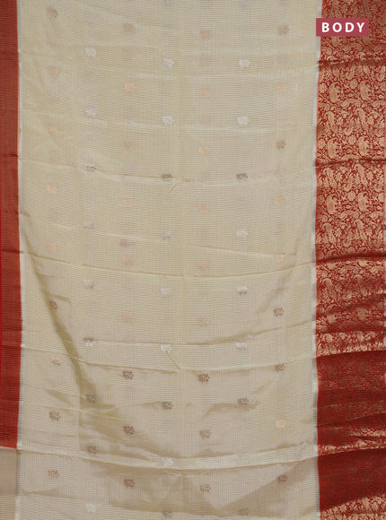 Semi mysore silk saree cream and red with allover zari checks & buttas and long zari woven border