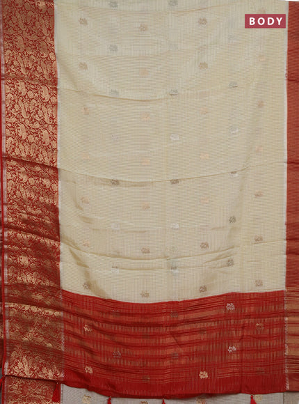 Semi mysore silk saree cream and red with allover zari checks & buttas and long zari woven border