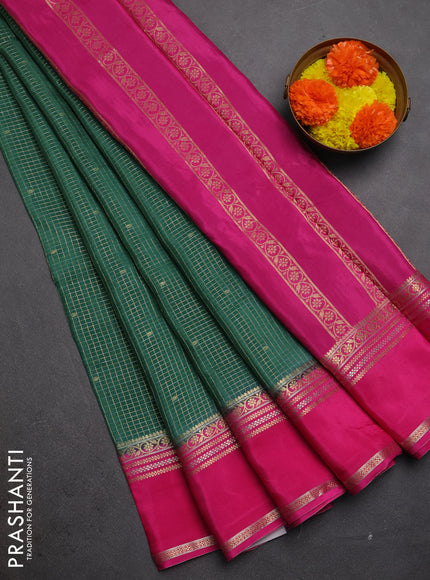 Semi mysore silk saree green and pink with allover zari checks & buttas and rettapet zari woven border