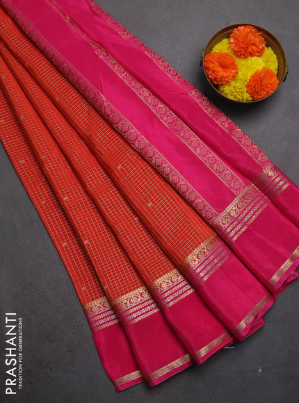 Semi mysore silk saree orange and pink with allover zari checks & buttas and rettapet zari woven border