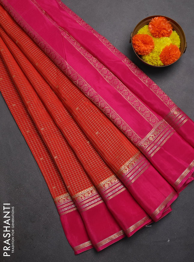 Semi mysore silk saree orange and pink with allover zari checks & buttas and rettapet zari woven border