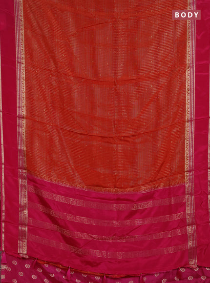 Semi mysore silk saree orange and pink with allover zari checks & buttas and rettapet zari woven border