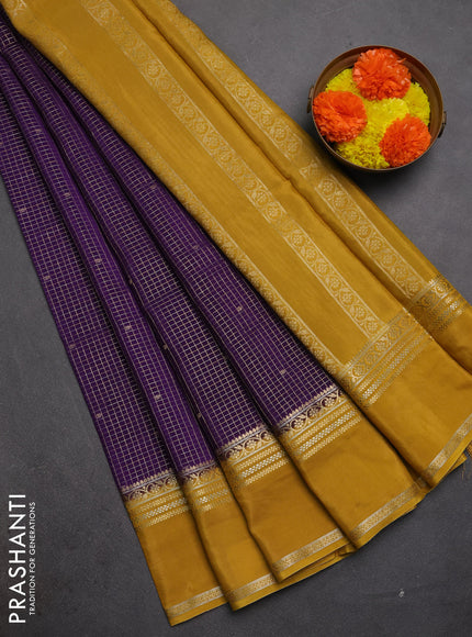 Semi mysore silk saree violet and mustard yellow with allover zari checks & buttas and rettapet zari woven border