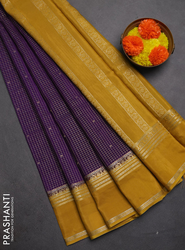 Semi mysore silk saree violet and mustard yellow with allover zari checks & buttas and rettapet zari woven border