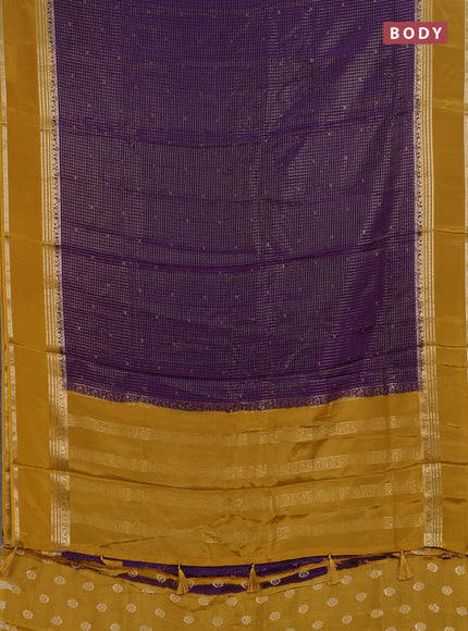 Semi mysore silk saree violet and mustard yellow with allover zari checks & buttas and rettapet zari woven border