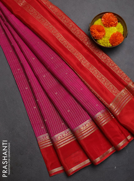 Semi mysore silk saree pink and orange with allover zari checks & buttas and rettapet zari woven border