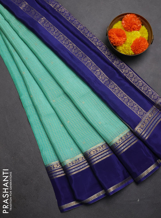 Semi mysore silk saree teal green and blue with allover zari checks & buttas and rettapet zari woven border