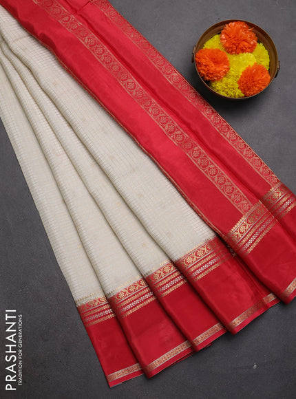 Semi mysore silk saree off white and red with allover zari checks & buttas and rettapet zari woven border