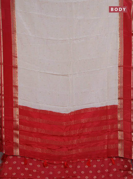 Semi mysore silk saree off white and red with allover zari checks & buttas and rettapet zari woven border
