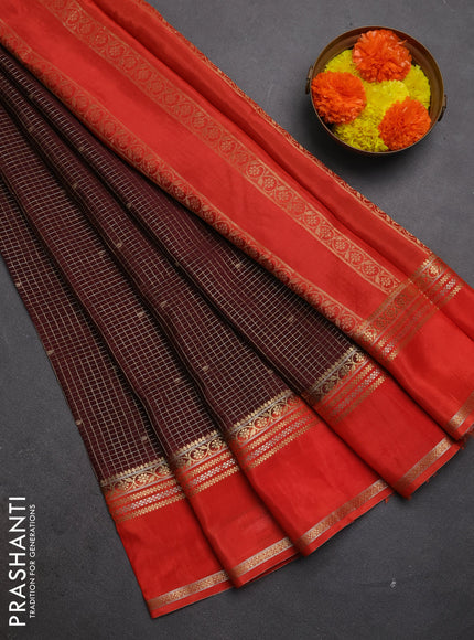 Semi mysore silk saree coffee brown and orange with allover zari checks & buttas and rettapet zari woven border