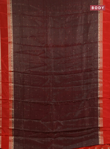 Semi mysore silk saree coffee brown and orange with allover zari checks & buttas and rettapet zari woven border