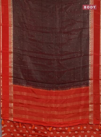 Semi mysore silk saree coffee brown and orange with allover zari checks & buttas and rettapet zari woven border
