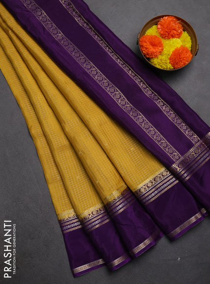 Semi mysore silk saree mustard yellow and violet with allover zari checks & buttas and rettapet zari woven border