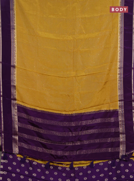 Semi mysore silk saree mustard yellow and violet with allover zari checks & buttas and rettapet zari woven border