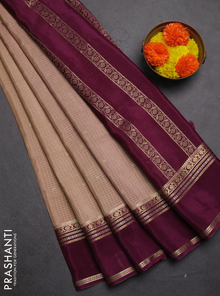 Semi mysore silk saree beige and deep purple with allover zari checks & buttas and rettapet zari woven border