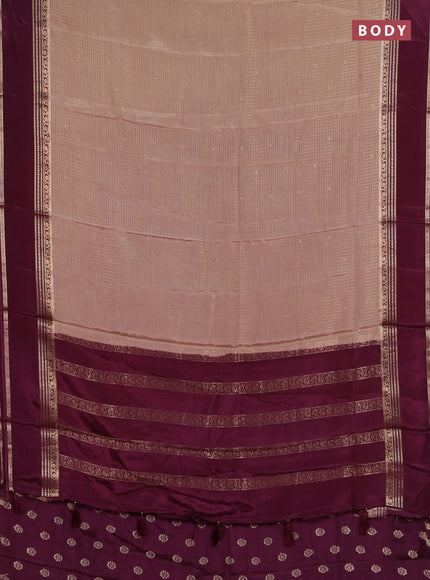 Semi mysore silk saree beige and deep purple with allover zari checks & buttas and rettapet zari woven border