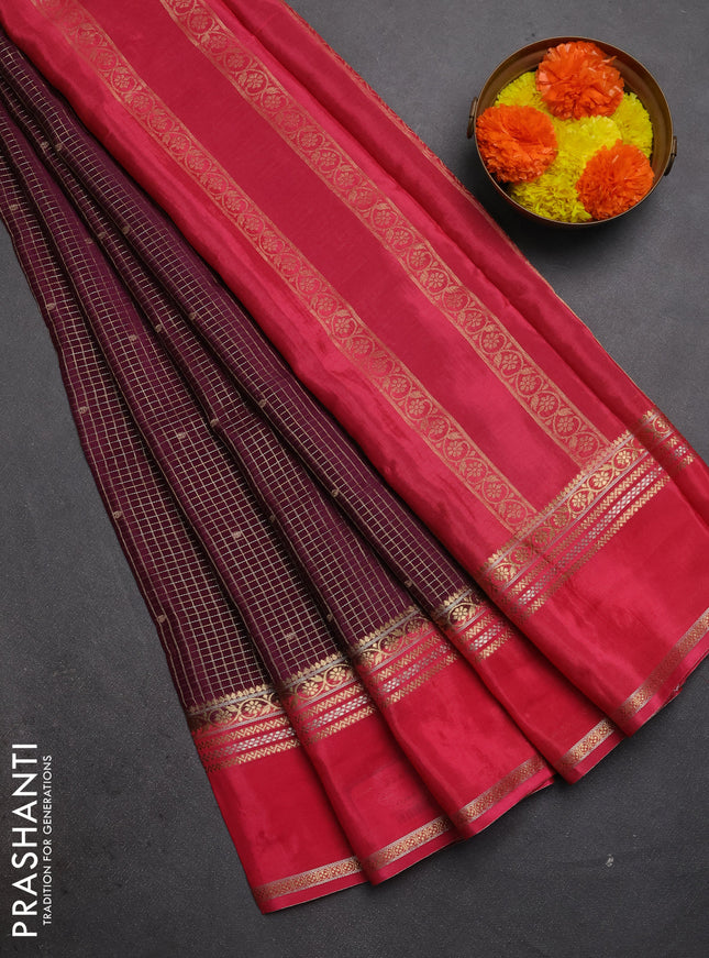Semi mysore silk saree deep purple and peach pink with allover zari checks & buttas and rettapet zari woven border