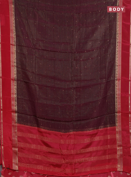 Semi mysore silk saree deep purple and peach pink with allover zari checks & buttas and rettapet zari woven border