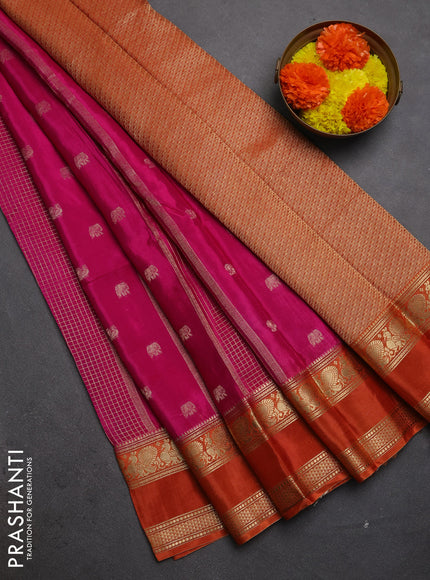 Semi mysore silk saree pink and orange with allover zari checks & buttas and rettapet zari woven border