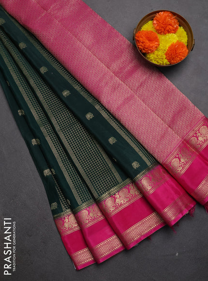 Semi mysore silk saree bottle green and pink with allover zari checks & buttas and rettapet zari woven border