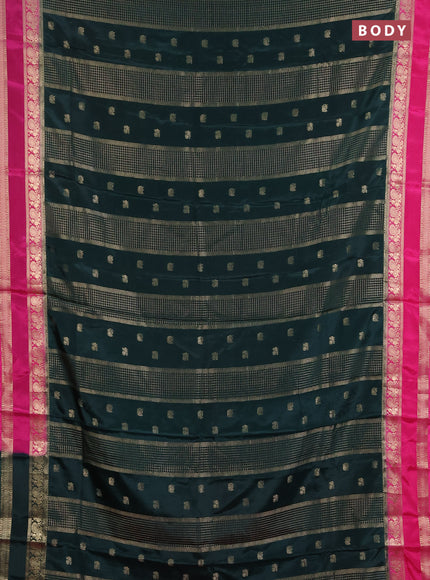 Semi mysore silk saree bottle green and pink with allover zari checks & buttas and rettapet zari woven border