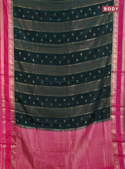 Semi mysore silk saree bottle green and pink with allover zari checks & buttas and rettapet zari woven border