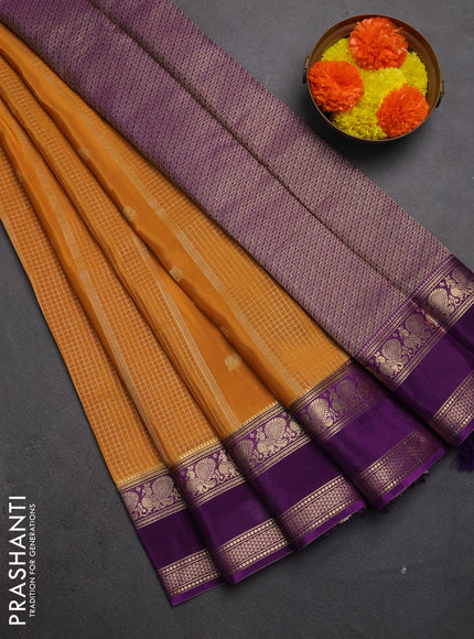 Semi mysore silk saree mango yellow and purple with allover zari checks & buttas and rettapet zari woven border