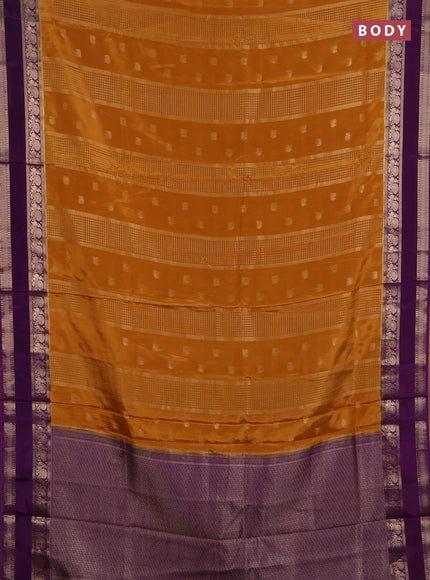 Semi mysore silk saree mango yellow and purple with allover zari checks & buttas and rettapet zari woven border