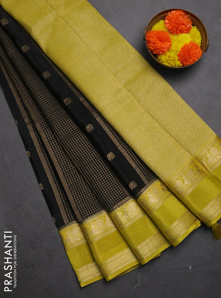 Semi mysore silk saree black and lime yellow with allover zari checks & buttas and rettapet zari woven border