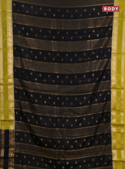 Semi mysore silk saree black and lime yellow with allover zari checks & buttas and rettapet zari woven border