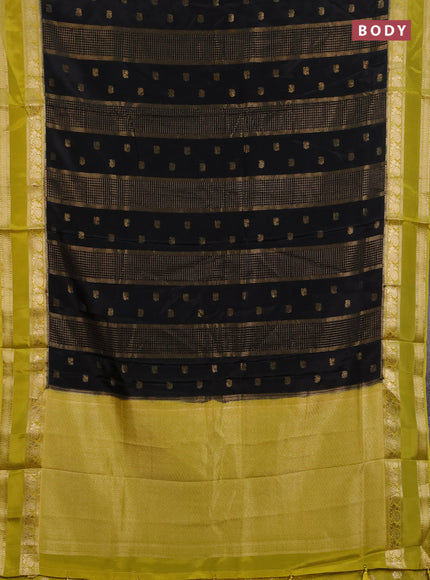 Semi mysore silk saree black and lime yellow with allover zari checks & buttas and rettapet zari woven border