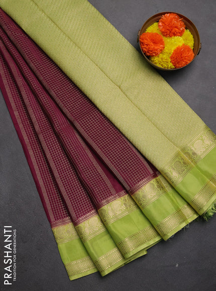 Semi mysore silk saree deep purple and lime green with allover zari checks & buttas and rettapet zari woven border
