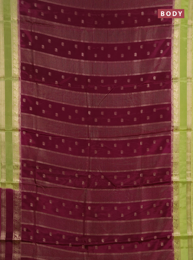 Semi mysore silk saree deep purple and lime green with allover zari checks & buttas and rettapet zari woven border
