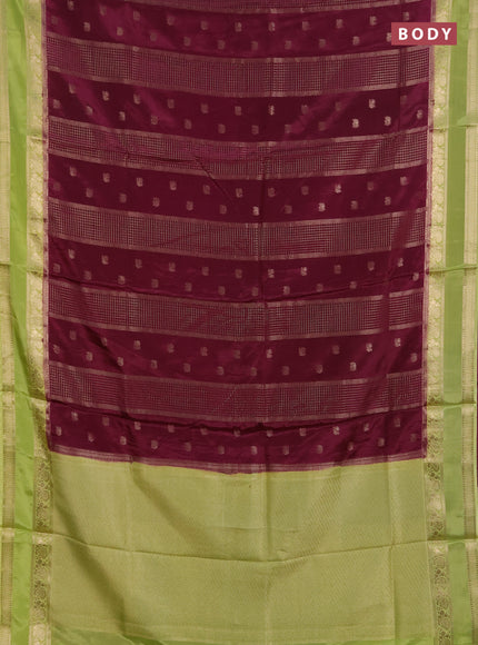 Semi mysore silk saree deep purple and lime green with allover zari checks & buttas and rettapet zari woven border