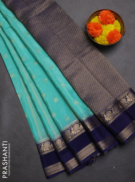 Semi mysore silk saree teal green and navy blue with allover zari checks & buttas and rettapet zari woven border